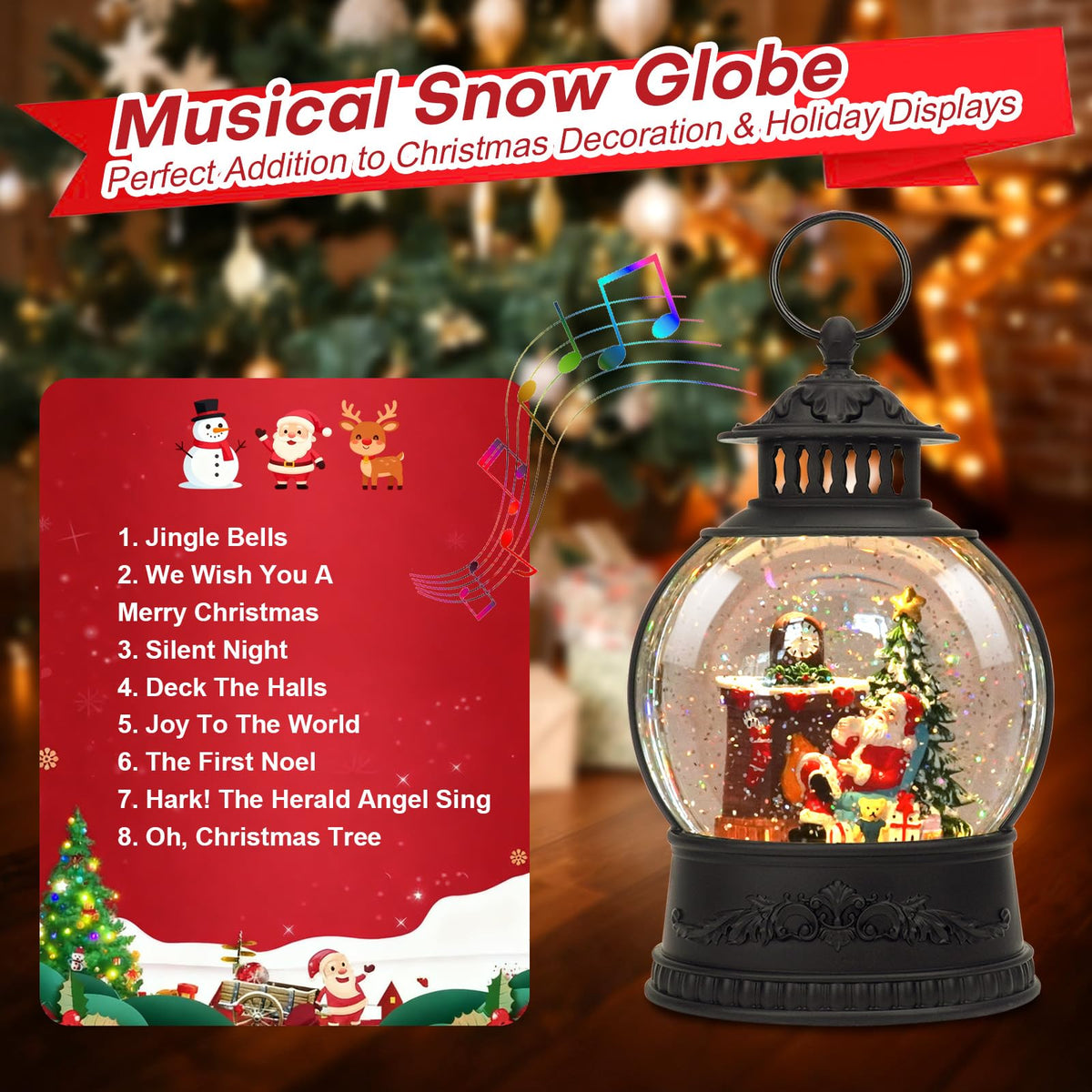 Christmas Snow Globe Water Lantern with Timer and Music, USB and Battery Operated Lighted Led Globe, Santa Snowglobe Table Decorations Indoor for Adults Home Holiday (Santa)