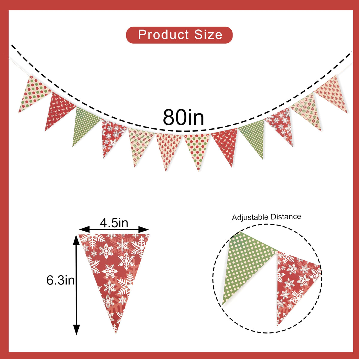 Christmas Banner Bunting-Xmas Birthday Banner- 80 Inch Holiday Pennant Garland with Snowflake Reindeer Pattern, Red and Green Triangle Flags for Winter Home Party Decoration