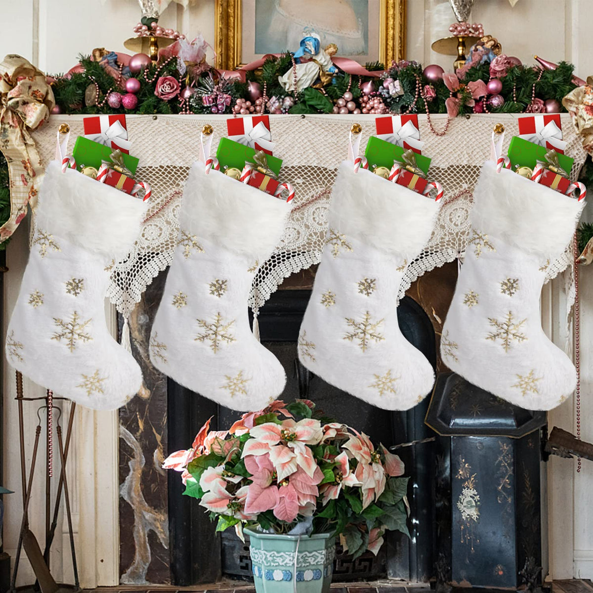 CCINEE 4PCS White Christmas Stockings,18 Inch Large Plush Faux Fur Xmas Stocking with Golden Snowflake Sequin Glitter Snowflake Hanging Stocking for Christmas Tree Wall Fireplace Home Decoration