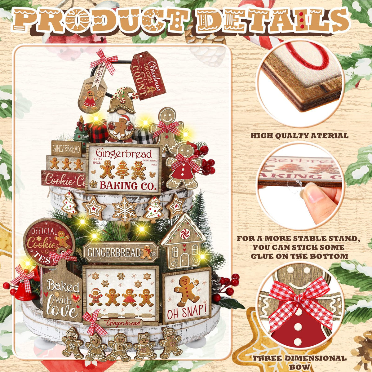 Shellwei 24 Pcs Christmas Tiered Tray Decor Set Wood Rustic Gingerbread Christmas Decoration Winter Farmhouse Decor Xmas Trees Gnome Elk Snowflake Signs for Table Shelf Home Centerpiece (Cute)