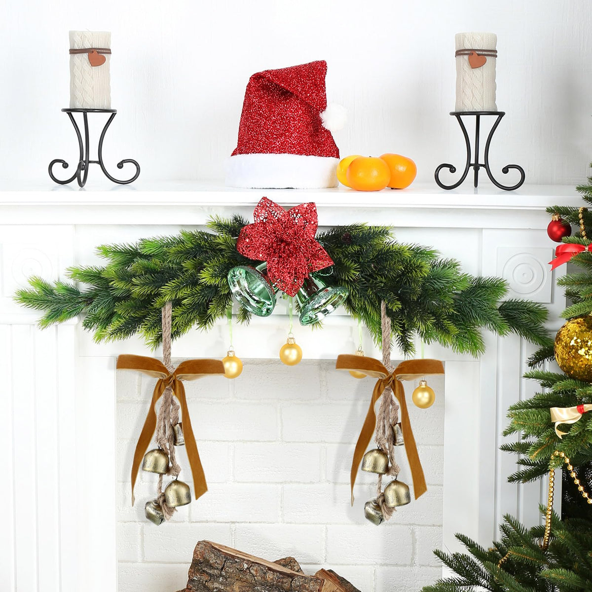 Lukmaa 2 Pcs Rustic Christmas Bells with Neutral Velvet Ribbon Bows Christmas Metal Bells Hanging Ornament Xmas Tree Wall Door Wreath Decoration for Rustic Farmhouse Holiday Decoration