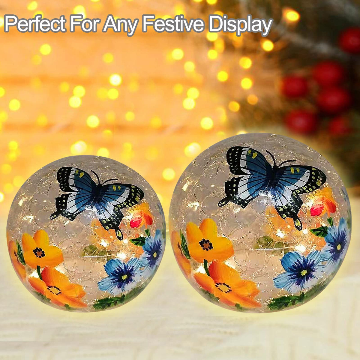Crackle Glass Ball Light Butterfly Floral Pattern LED Night Light Indoor Tabletop Decorative Sphere Lamp for Home Decor Christmas Birthday Wedding Girls Women's Gift (1 Pack)