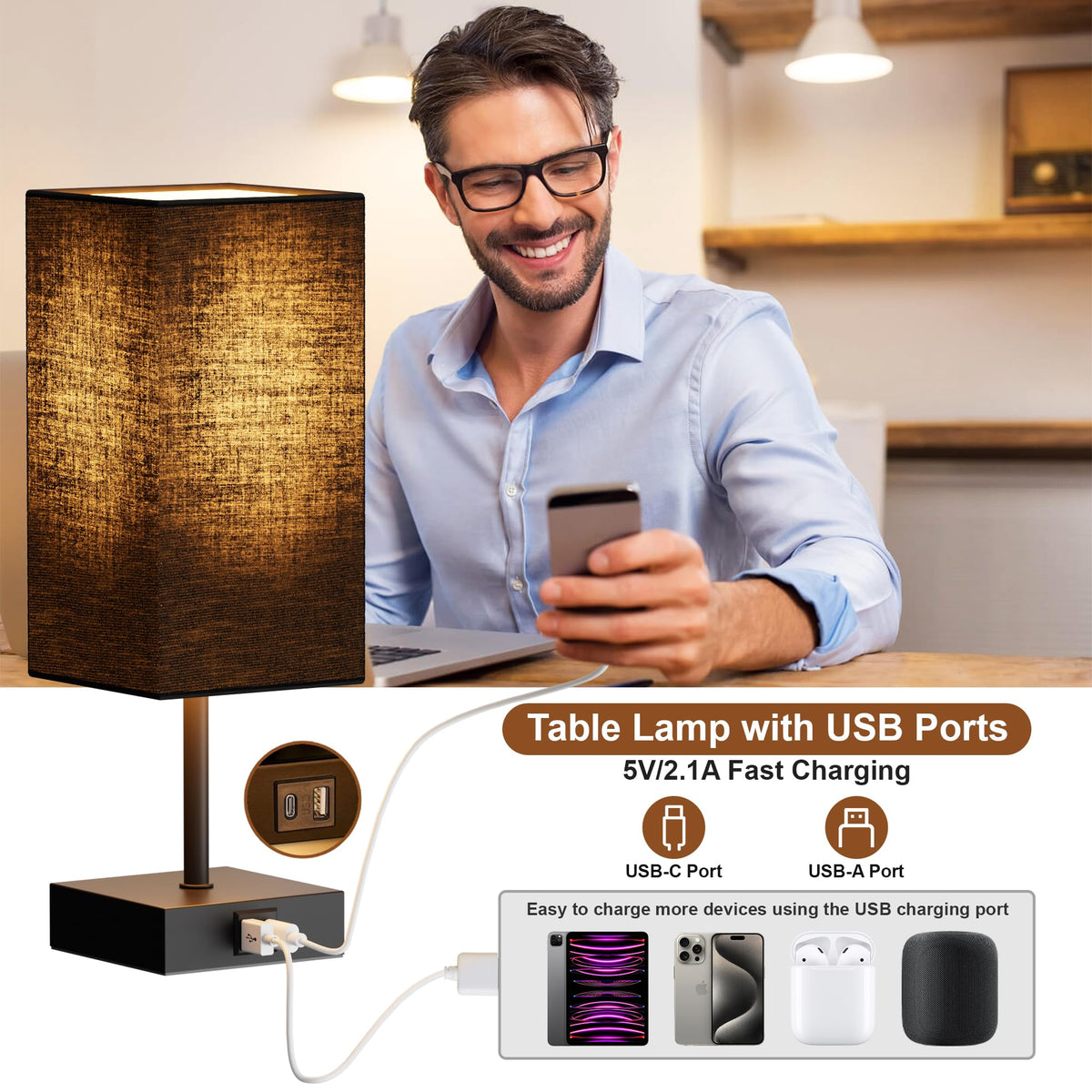 Sailstar Table Lamp for Bedroom, 3 Way Dimmable Touch Bedside Lamp, Small Lamp with 2 USB C+A Charging Ports, Black Nightstand Lamps for End Table, Living Room, Desk, Bulb Included