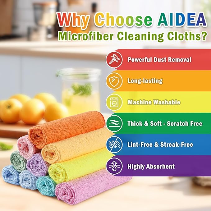 AIDEA Microfiber Cleaning Cloth, Colorful Lint-Free Vibrant Cleaning Rags