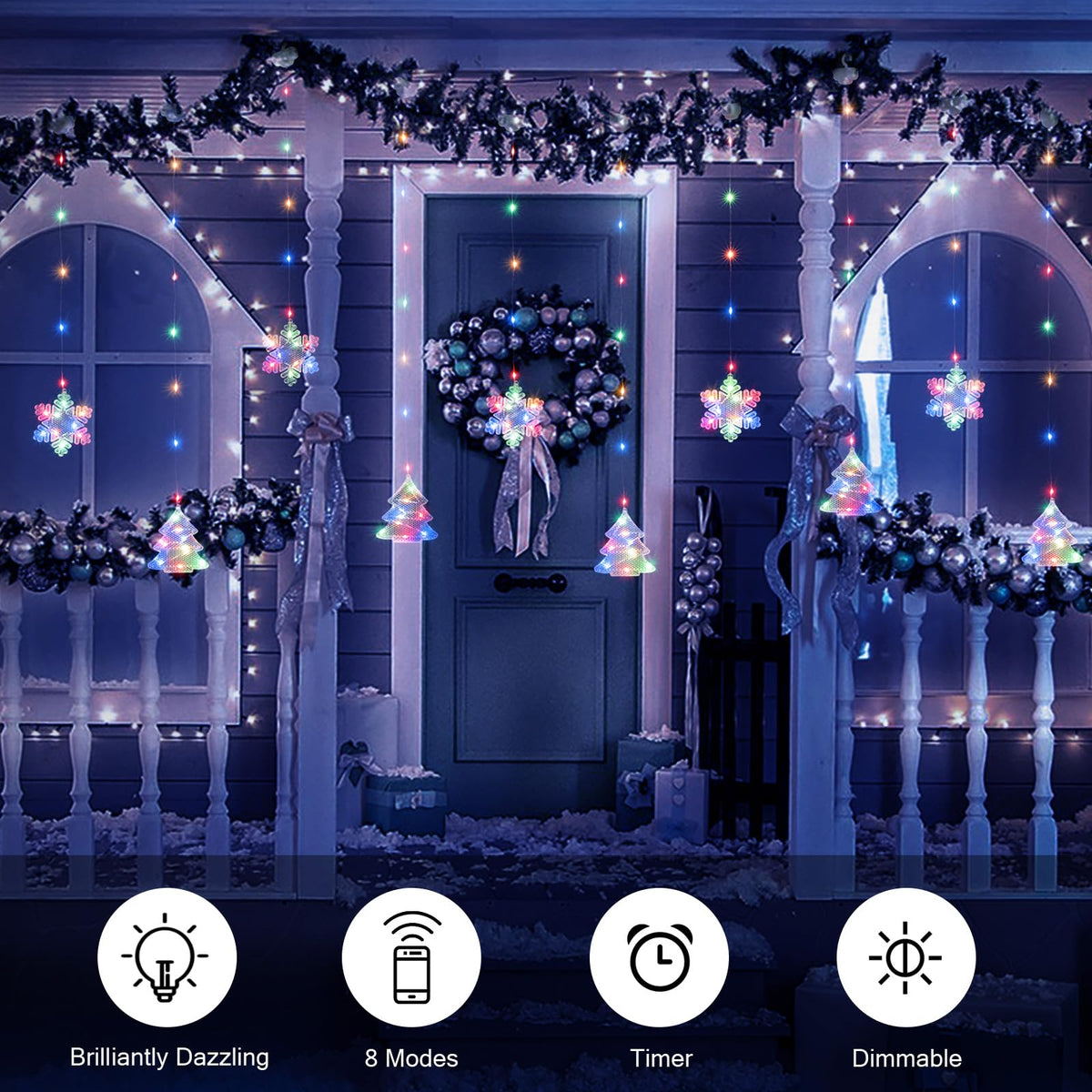BLOOMWIN Christmas Window Lights Indoor - 2M 160 LED Christmas Window Decorations, Snowflake Curtain Hanging Fairy String Icicle Lights for Xmas Noel Bedroom Holiday Home Outdoor, RGB USB