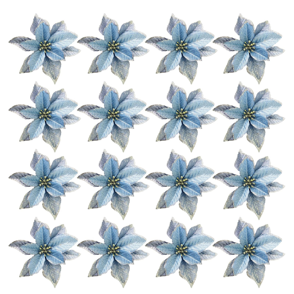 KEPATO Christmas Glitter Poinsettia Christmas Tree Ornaments Pack of 12 (Blue)