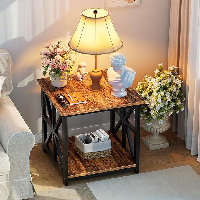 GreenForest End Table with 2-Tier Storage Shelf, 19.7 inch Side Table