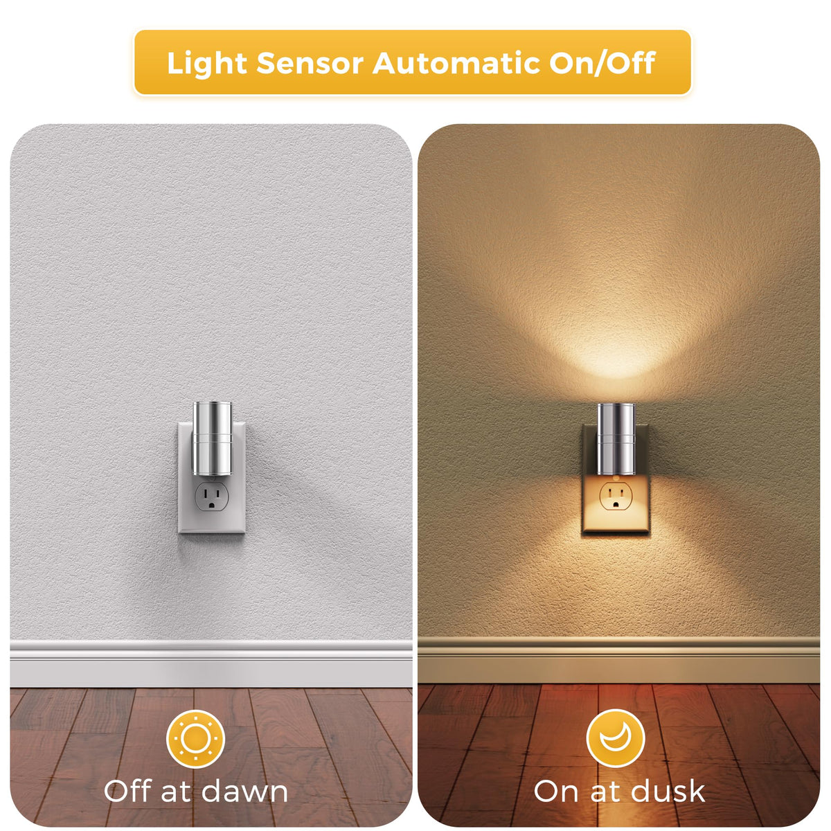 L LOHAS LED Night Light, Night Lights Plug into Wall, Smooth Silver Glossy Plating Metal-Shade Nightlights, Light Sensor, Soft White 3000K, Dimmable Nightlight Plug in for Hallway Bedroom,2 Pack
