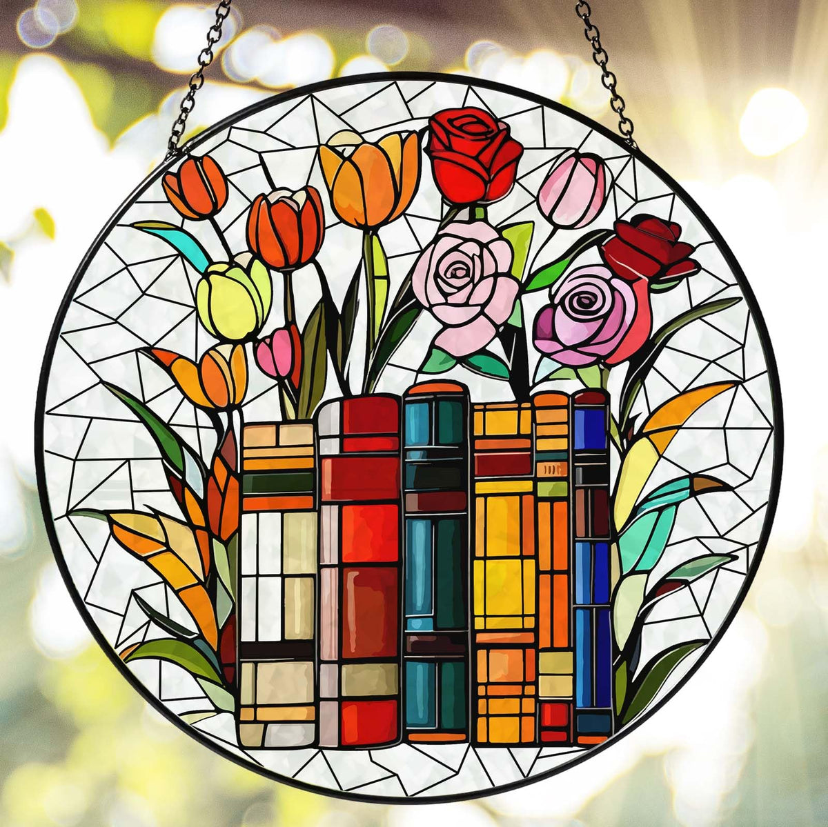 RVEAFA Flower Book Stained Glass Window Hanging 7.8'' Sun Catcher Book Club Lover Gifts for Women Christmas Wall Decor Handmade SunCatcher Decoration for Garden Home Bookish Library Decor