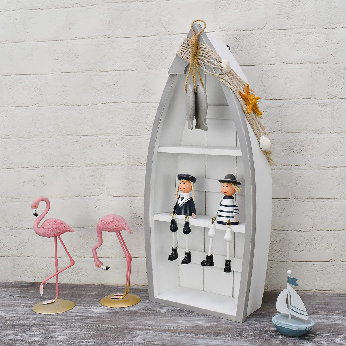 Morning View 2-Shelf Wood Boat Shelf, Nautical Decor with Fishing Net, Starfish, Seashells - Wall Mount or Tabletop Display - Beach Themed Home Decor, White, 6.7x3x16.5 Inch