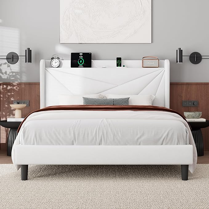Feonase Full Bed Frame with Charging Station, Velvet Upholstered Platform