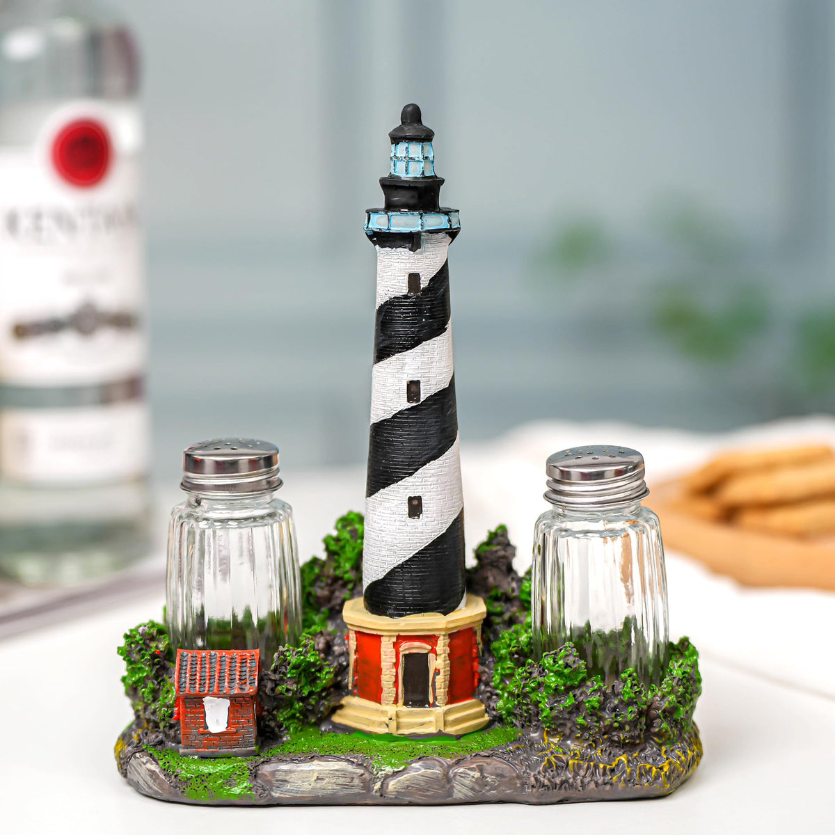 Coastal Lighthouse Salt and Pepper Shaker Set - Bodie Island Lighthouse Decor with Glass Seasoning Bottles, Nautical Kitchen Decor for Beach House, Coastal Themed Accessories and Table Centerpiece