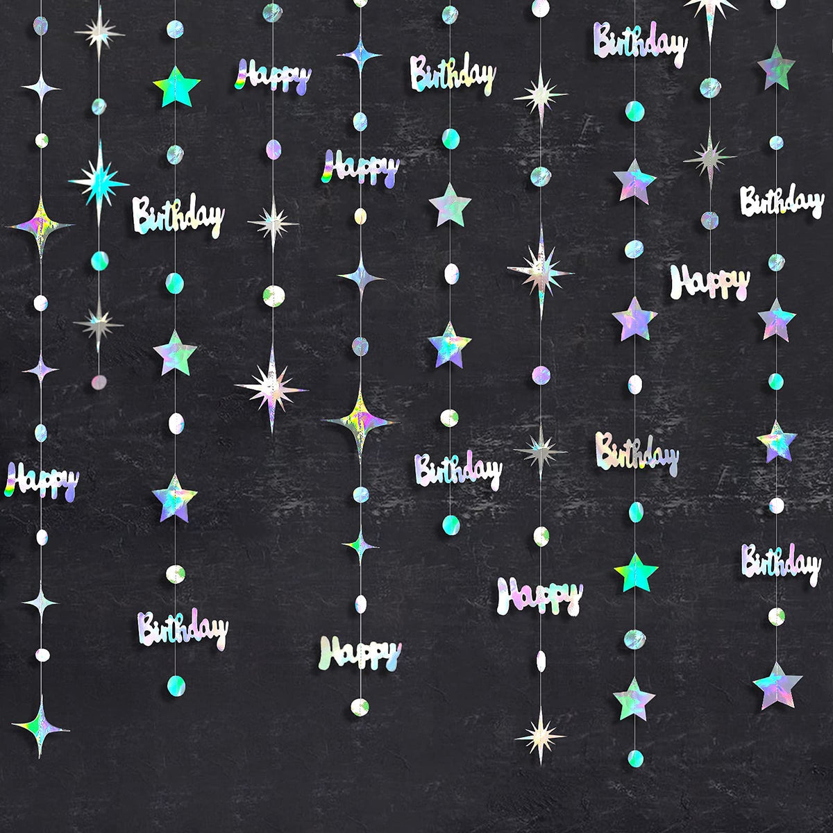 Iridescent Happy Birthday Decorations Happy Birthday Circle Dot Twinkle Star Garland Kit Metallic Holographic Hanging Streamer Bunting Banner Backdrop for Women Mens Kids Birday Party Supplies