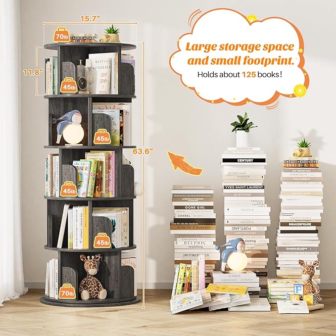 Aheaplus Rotating Bookshelf, 360 Display Wood Spinning Bookshelf Tower