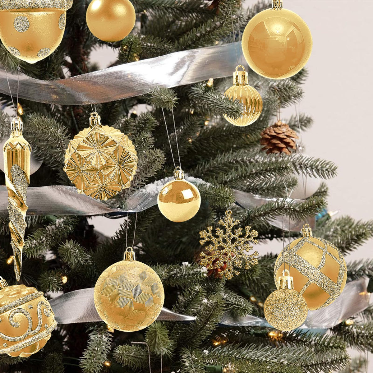 Napzy 62 Count Shatterproof Christmas Ball Ornaments Set, Golden Christmas Tree Decorations for Xmas Holiday Party Decor, Wreath and Garland Hanging Balls