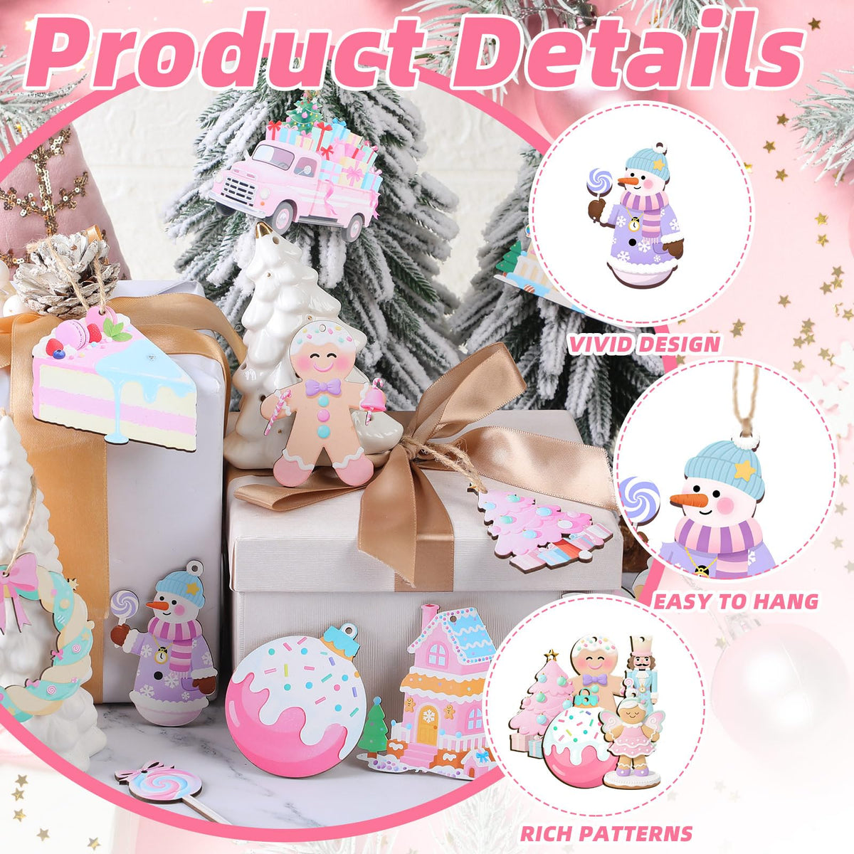 Kathfly 24 Pcs Pastel Christmas Tree Ornaments Candy Christmas Hanging Decor Wooden Gingerbread Man Lollipop Ice Cream Cake Ornament for Xmas Tree Garland Home Holiday Indoor Decor