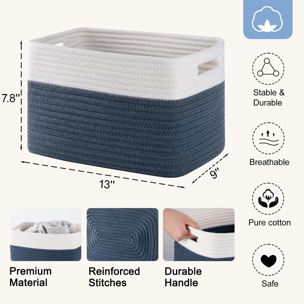 SIXDOVE 4 Pack Storage Baskets for Organizing, Woven Baskets for Shelves - Perfect for Toys, Books, Towels, and Clothes, Durable Gift Basket Bins Toy Storage, 12.7''L x9''W x7.8''H, Blue and White