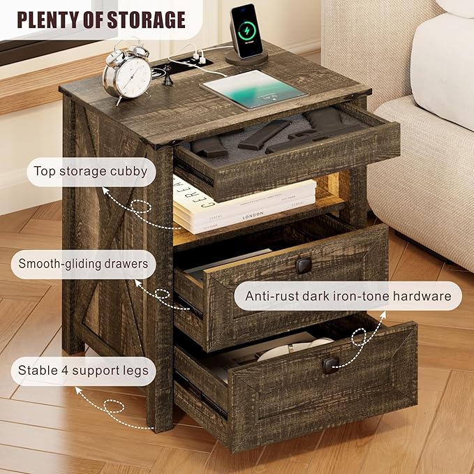 HWB Nightstands Set of 2 with Hidden Drawer, Farmhouse Bedside Table with