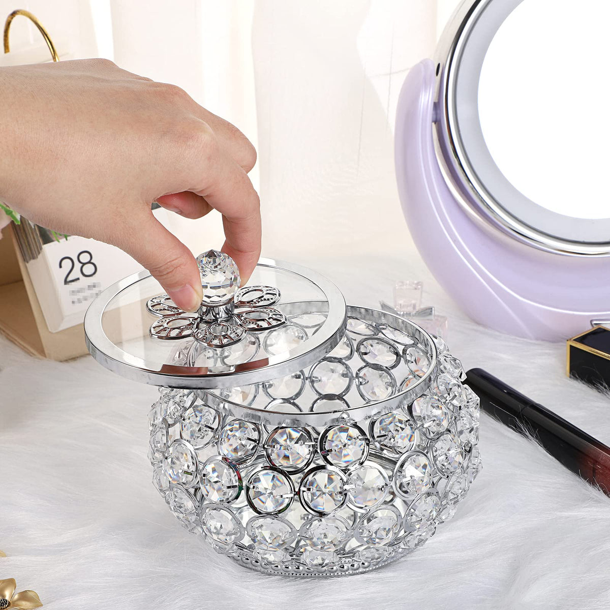 Hipiwe Crystal Jewelry Trinket Box with Glass Lid Silver Mirrored Treasure Box Decorative Jewelry Box Ring Earrings Necklace Storage Keepsake Box Gift for Women