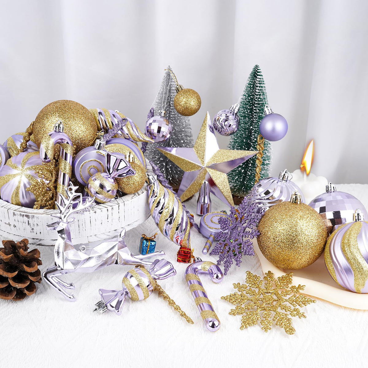70PCS Christmas Balls Ornaments Set, Shatterproof Xmas Tree Decorations Kit with Balls, Snowflakes, Candy Canes, Star Topper, Reindeer & Hanging Baubles for Holiday Party Decor (Purple & Gold)