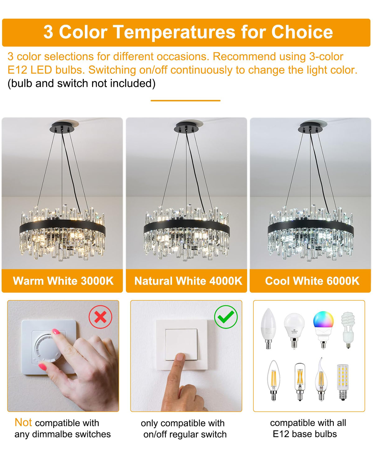 chandiry Round Crystal Chandeliers, D19.7 inch 12-Light Black Chandelier Lighting Fixture, Height Adjustable Pendant Ceiling Light for Living Room Dining Room Bedroom