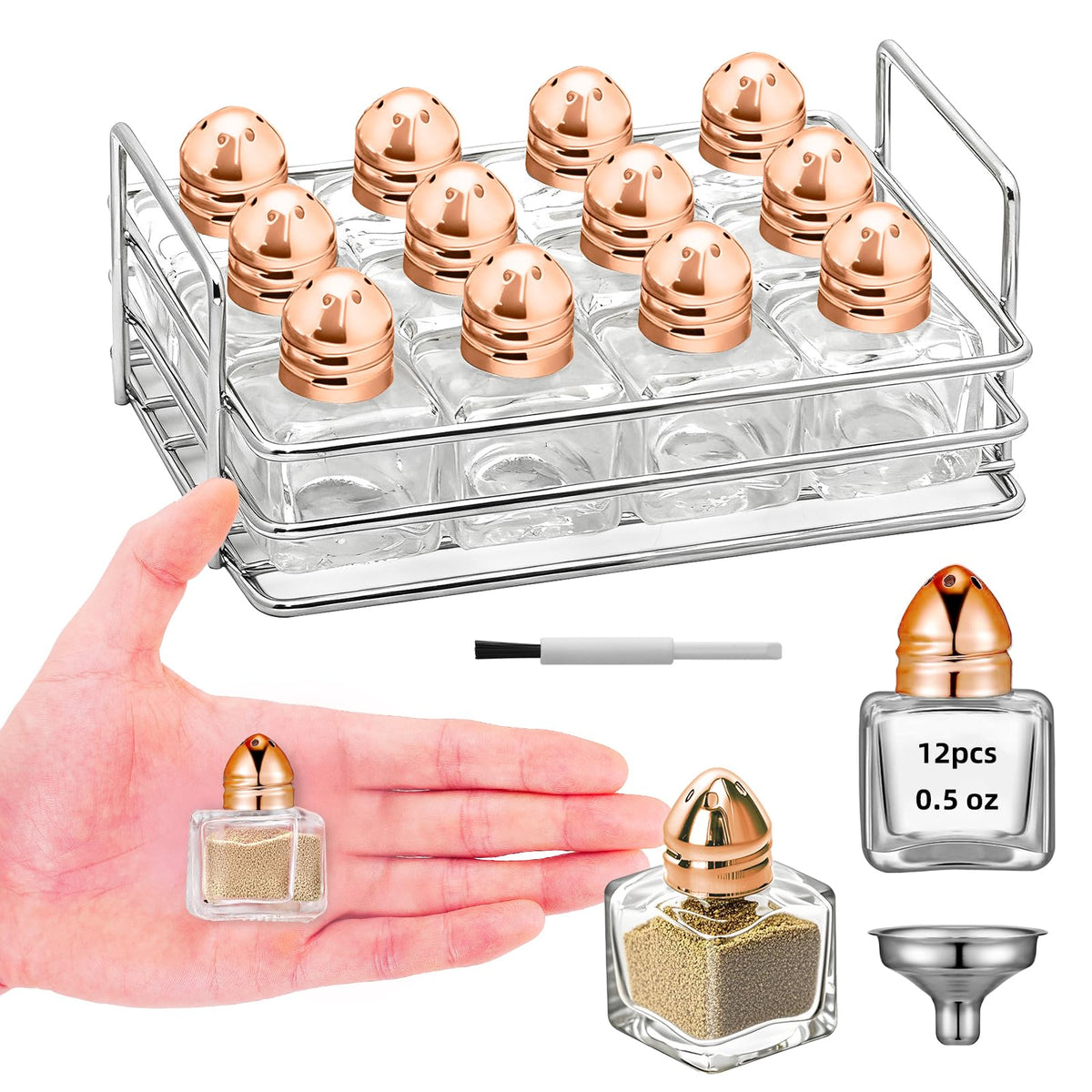 12 Pcs 0.5 oz Cube Shape Small Salt and Pepper Shakers Clear Mini Glass Seasoning Jars Spice Salt Shakers with Funnel and Storage Rack for Wedding Party Restaurant Home Kitchen (Rose Gold)