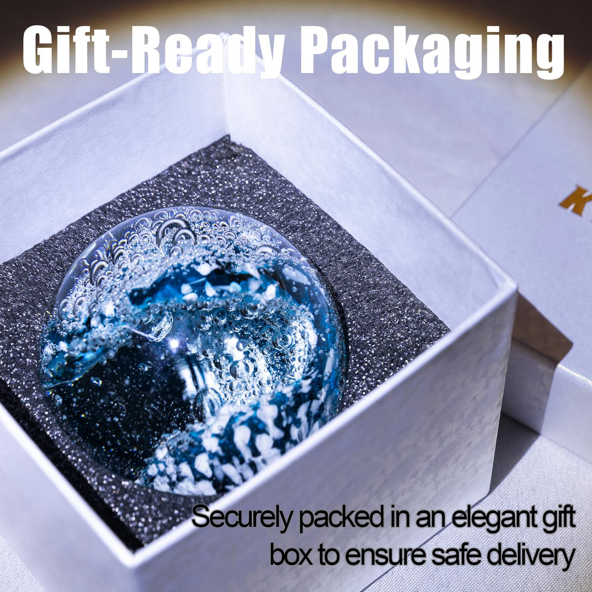 KWASVLYA Hand Blown Ocean Wave Crystal Ball Blue Crystal Art Decorative Sphere Paperweight for Desk Decor, Stress Relief Gift for Ocean Lovers & Women