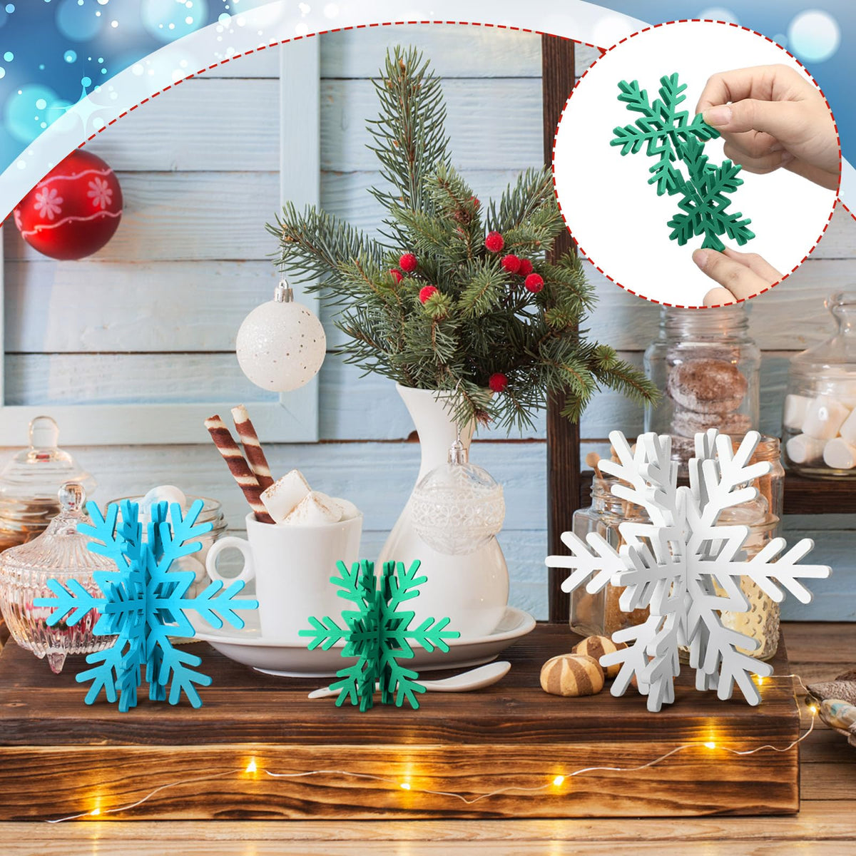 Bucherry 12 Pcs Wooden Snowflake Table Decor 3D Snowflake Tabletop Signs and Centerpiece for Frozen Party Christmas Xmas Winter Wonderland Decorations Home Office Mantel(White, Blue, Green)