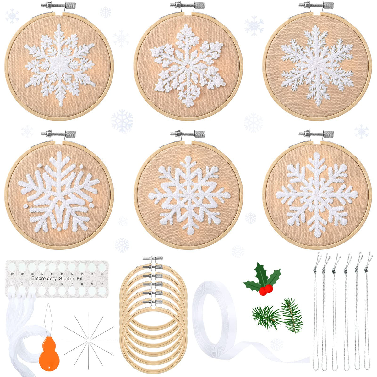 Roowest 6 Sets Christmas Embroidery Kits for Beginners Adults Winter Snowflake Cross Stitch Embroidery Ornament Kit DIY Craft Needlepoint Set with Pattern Instructions Thread Needle Ribbon(Tan)