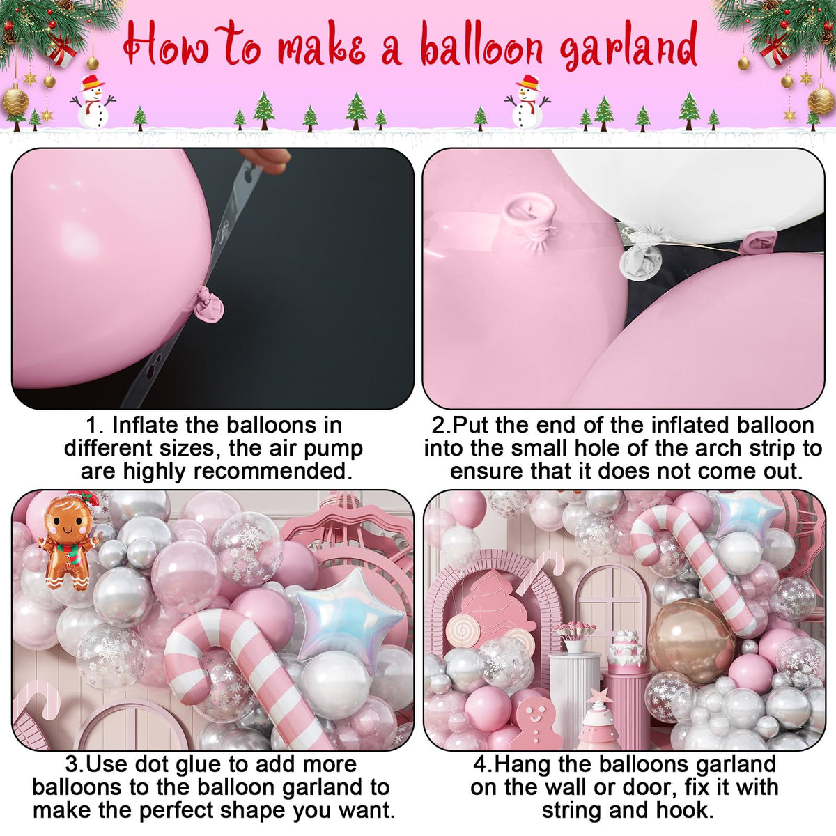 Pink Christmas Decorations Arch Kit, 120 PCS Xmas Balloons with 4D Rose Gold Candy Cane Iridescent Snowflakes, Pastel Pearl Pink Silver Balloons for Gingerbread Decor