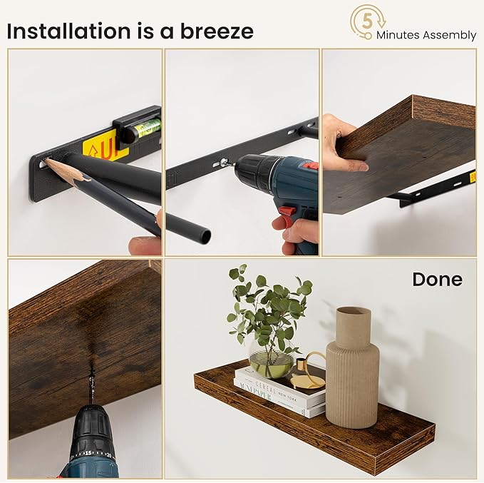 Fun Memories Floating Shelves for Wall, 9.3 Inch Set of 4 Rustic Wood Wall