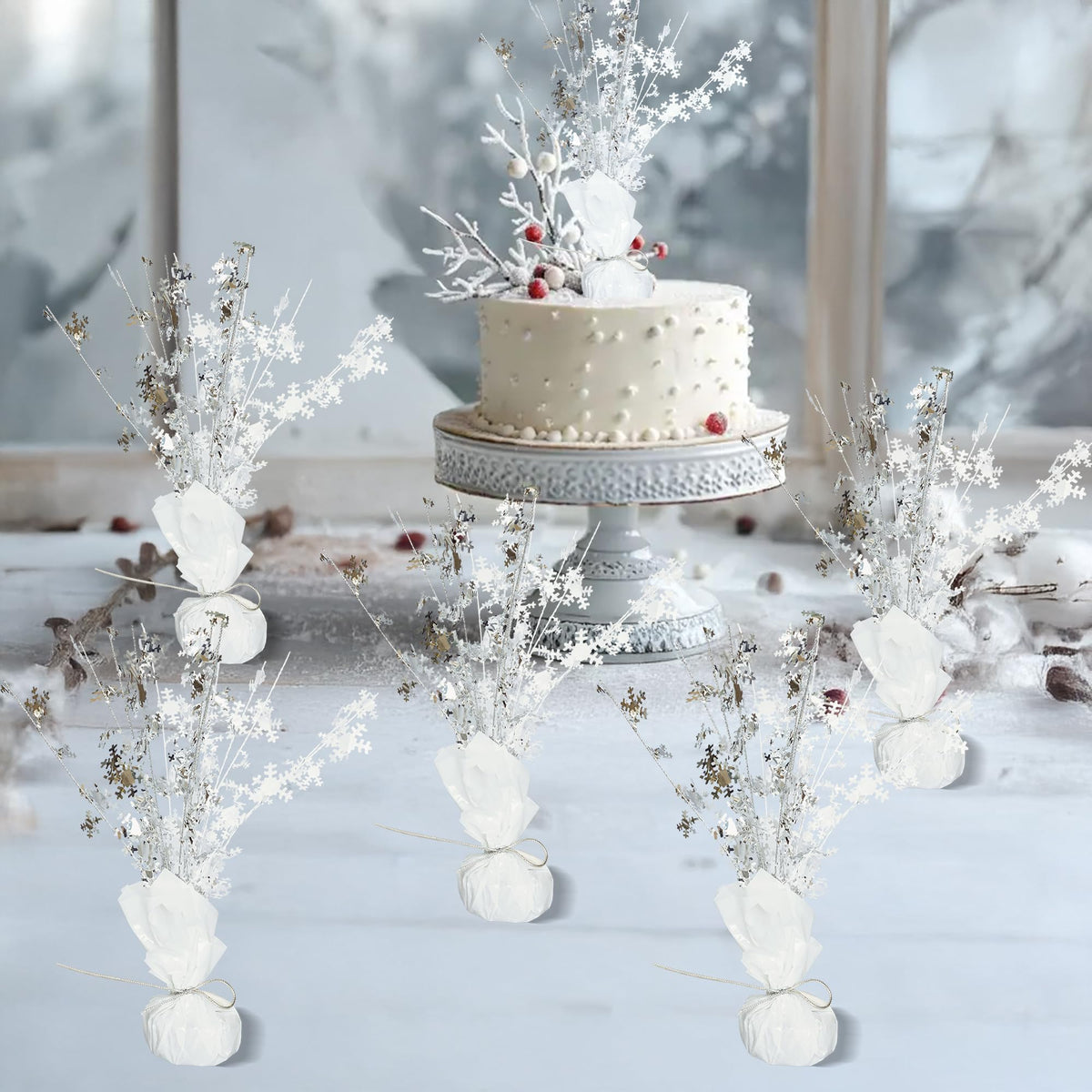 Gyufise 6 Pack Metallic Foil Spray Centerpiece Snowflake Table Decoration Burst Table Centerpieces Table Decor for Winter Wonderland Birthday Wedding Anniversary Holiday Party Supplies Silver White
