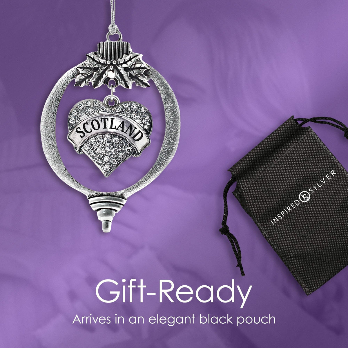 Inspired Silver - Scotland - Silver Christmas Ornament - Pave Heart Charm Christmas Tree Ornament with Cubic Zirconia - Holiday Hanging Decoration