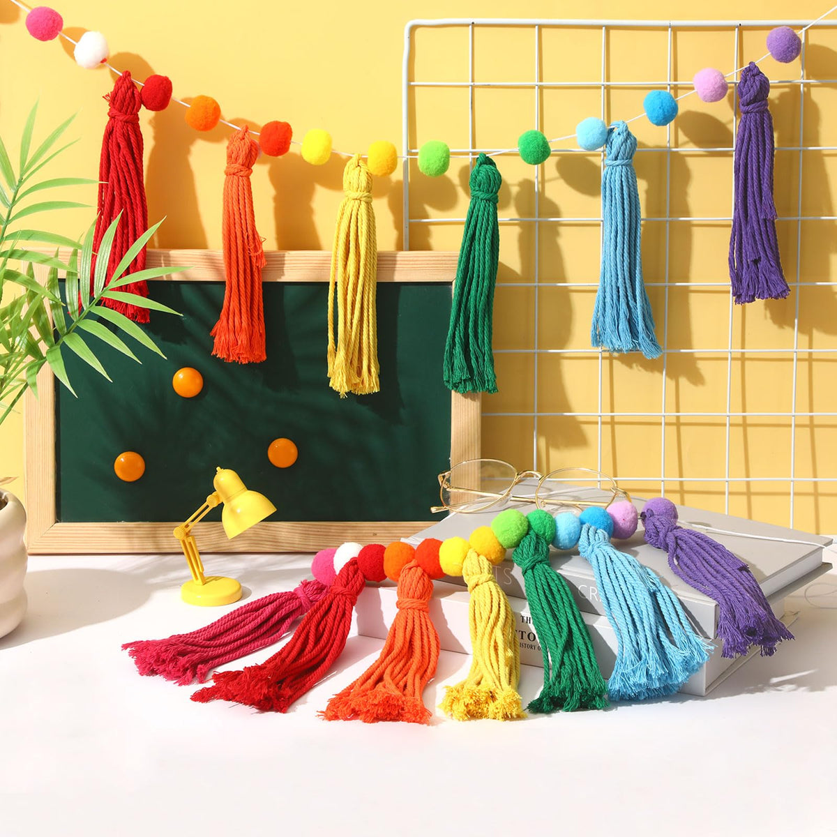 MARFOREVER 4 Pack 26.3 Feet Rainbow Tassel Pom Pom Garland Decorations Garland Banner Hanging Supplies for Back to School Decor Nursery Wall School Classroom Christmas Tree Birthday Party