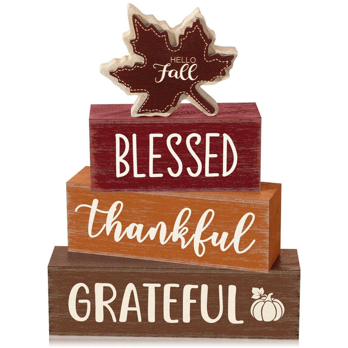 Yousoontic 4 Pcs Hello Fall Wooden Table Decorations Maple Leaf Autumn Rustic Block Signs Centerpiece Tiered Tray Decor Thanksgiving Wood Farmhouse Tabletop Decor Gift for Kitchen Entryway Home Desk
