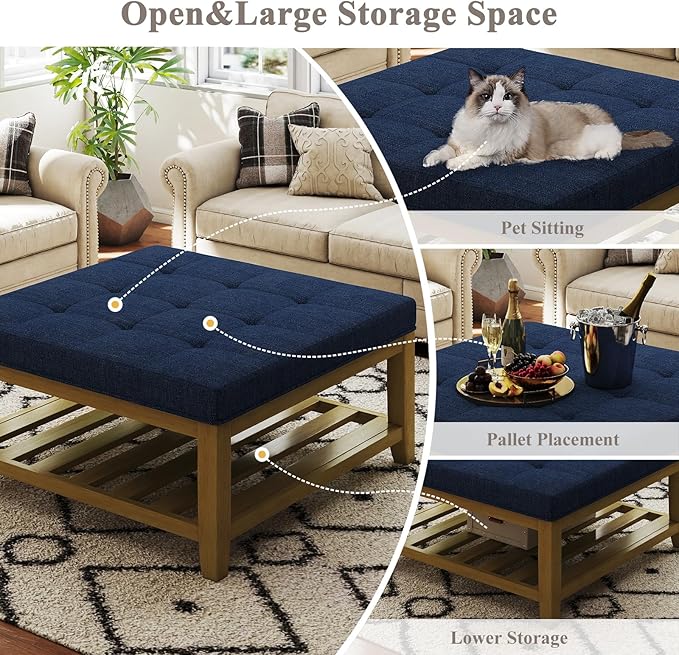 Befurtori Large Square Ottoman Coffee Table, Linen Solid Upholstered Footrest