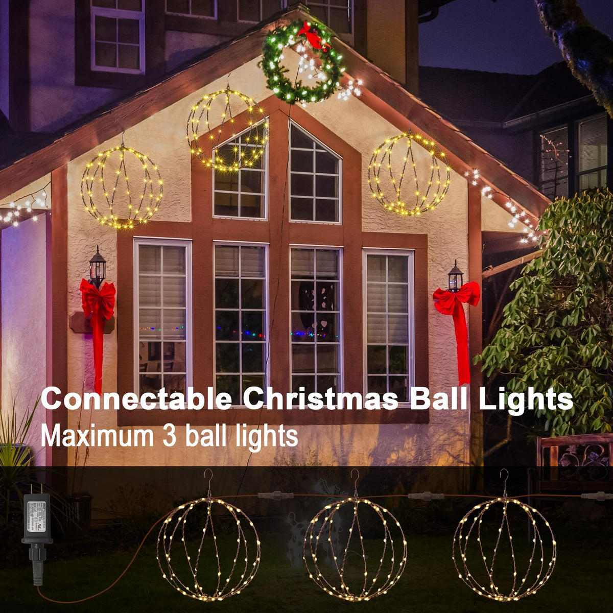 LIGHTSHARE 248LED 12IN+16IN+20IN Light Ball Yard Decoration Pathway Lights Brown Sphere Light Fold Flat Metal Frame Indoor Outdoor Waterproof Garden Lights, Plug in(Set of 3)