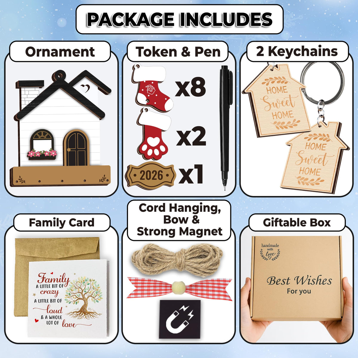 DIY New Home Ornaments 2026, Family Ornament 2026, Family of 3, 4, 5, 6, 7, 8 Ornament with Dog, Cat, Customized Ornaments for Tree, Home Sweet Home Keychain, House Decoration HH624