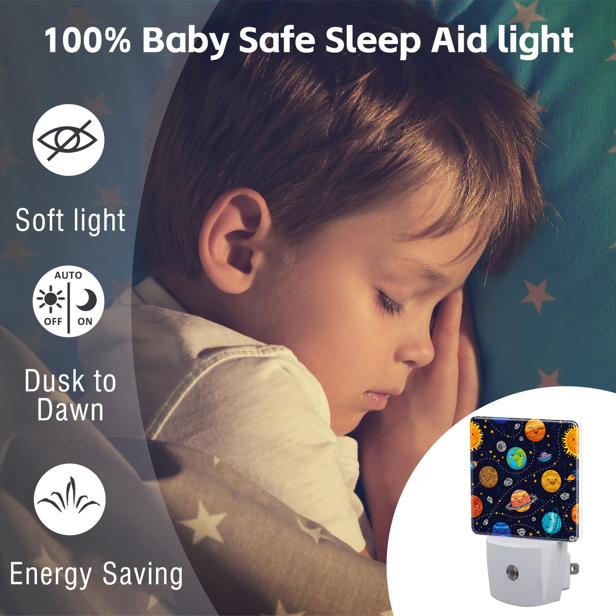 Cartoon Solar System Planets Night Light Plug into Wall,Space Stars Planets Dusk to Dawn Night Light Plug in,0.5w Energy Saving Sleep Friendly NightLight for Kids Boys Girls Home Decor