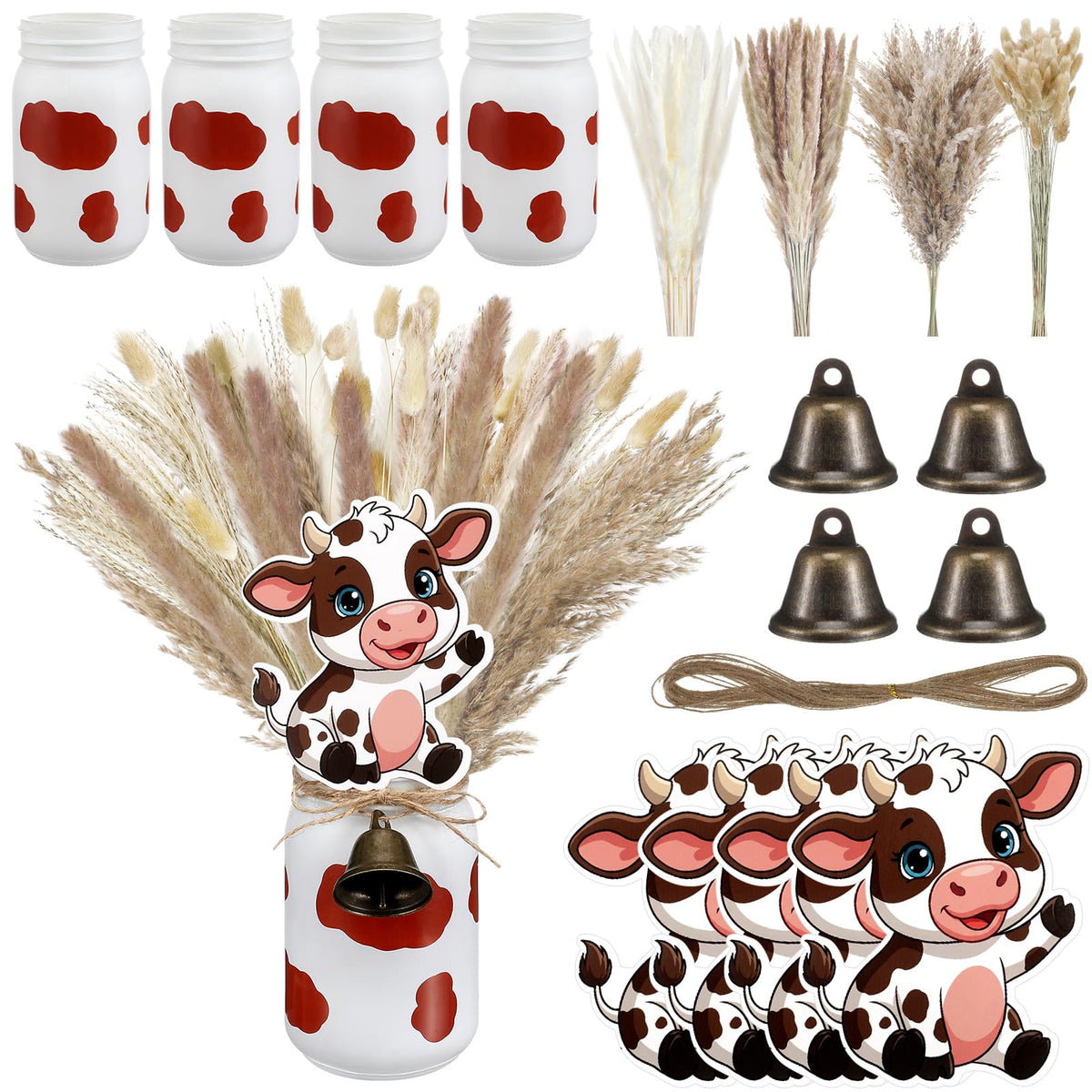 Ferrochef 4 Sets Farm Theme Centerpieces Cow Birthday Party Decorations for Tables, 119 Pcs Farm Party Decoration Include Mason Jars Bell Dried Pampas Grass Kit for Birthday Baby Shower(Brown)