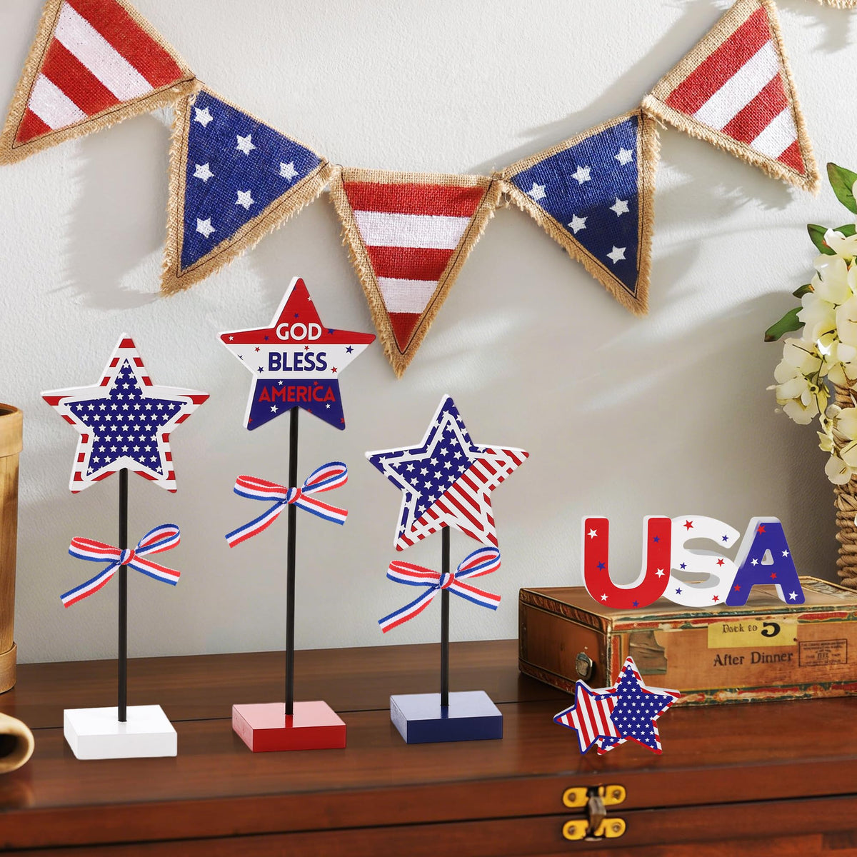 Elfcool 5Pcs 4th of July Table Decorations Wooden Star Set, Patriotic Memorial Day Table Centerpiece, Red White and Blue Independence Day Stand Decor for Home Office