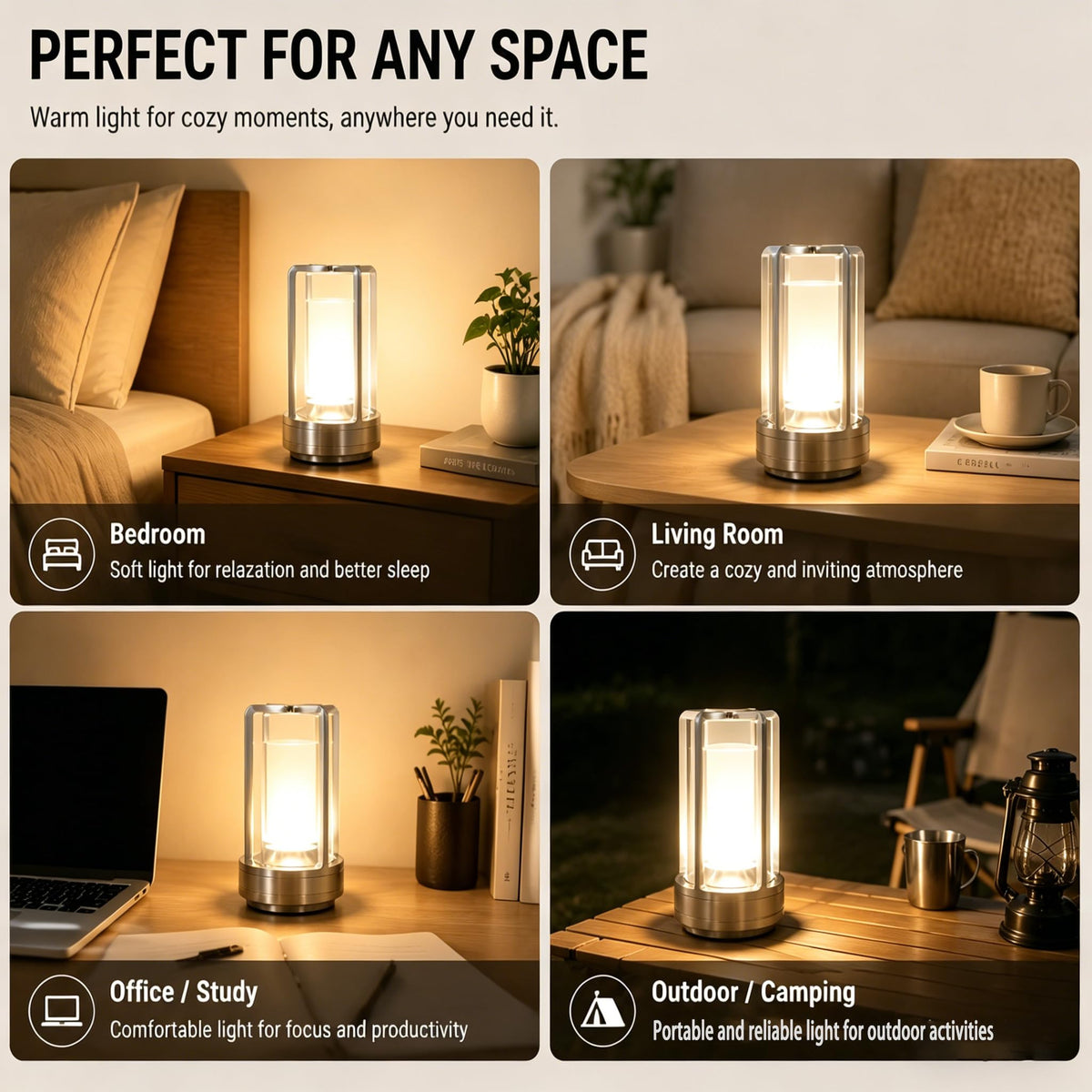 Candico Rechargeable Crystal Table Lamp, 3-Color Touch LED, Silver
