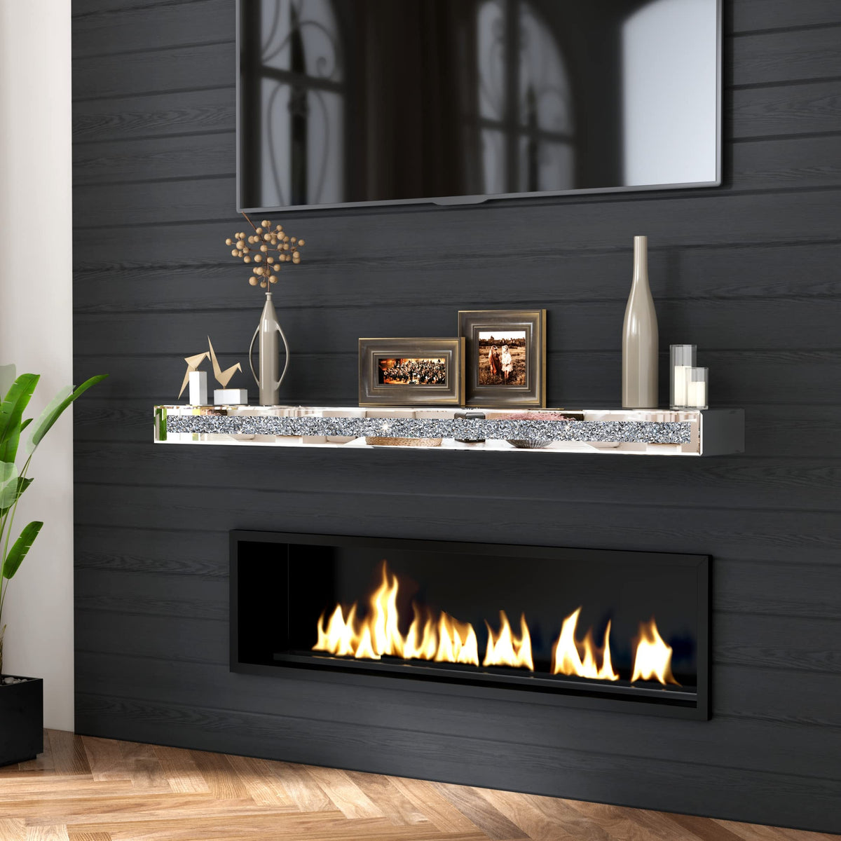 blingworld Fireplace Mantel Mirrored, 48" Glass Floating Mantel Shelf for Over Fireplace & Under TV, Gorgeous Crystal Crushed Diamond Floating Wall Shelves for Living Room, Bedroom, Kitchen, Silver