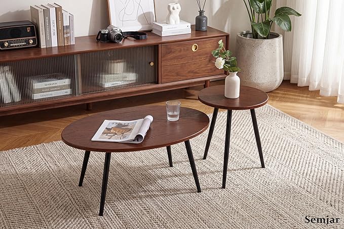 2 Pcs Small Oval Coffee Table, 31.5" Retro Walnut Coffee Tables Nesting Tables