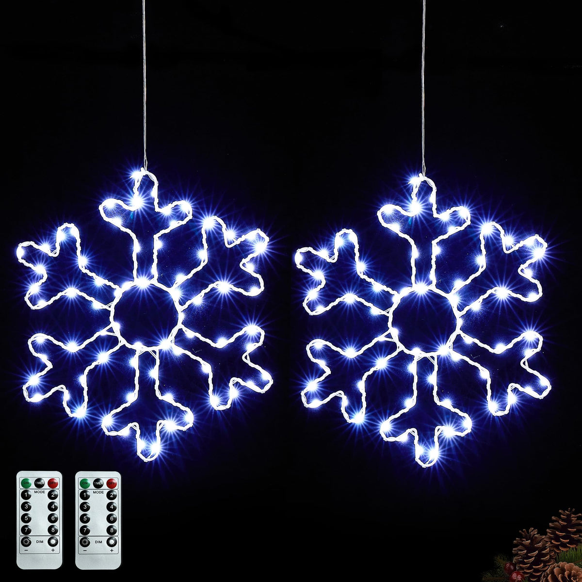 BlcTec 2 Pack Big Christmas Snowflakes Lights, 13 Inch Durable Metal Frame Snowflakes with Remote Control, 8 Modes, Timer, Waterproof Battery Operated Snowflake Lights for Christmas Party Decorations