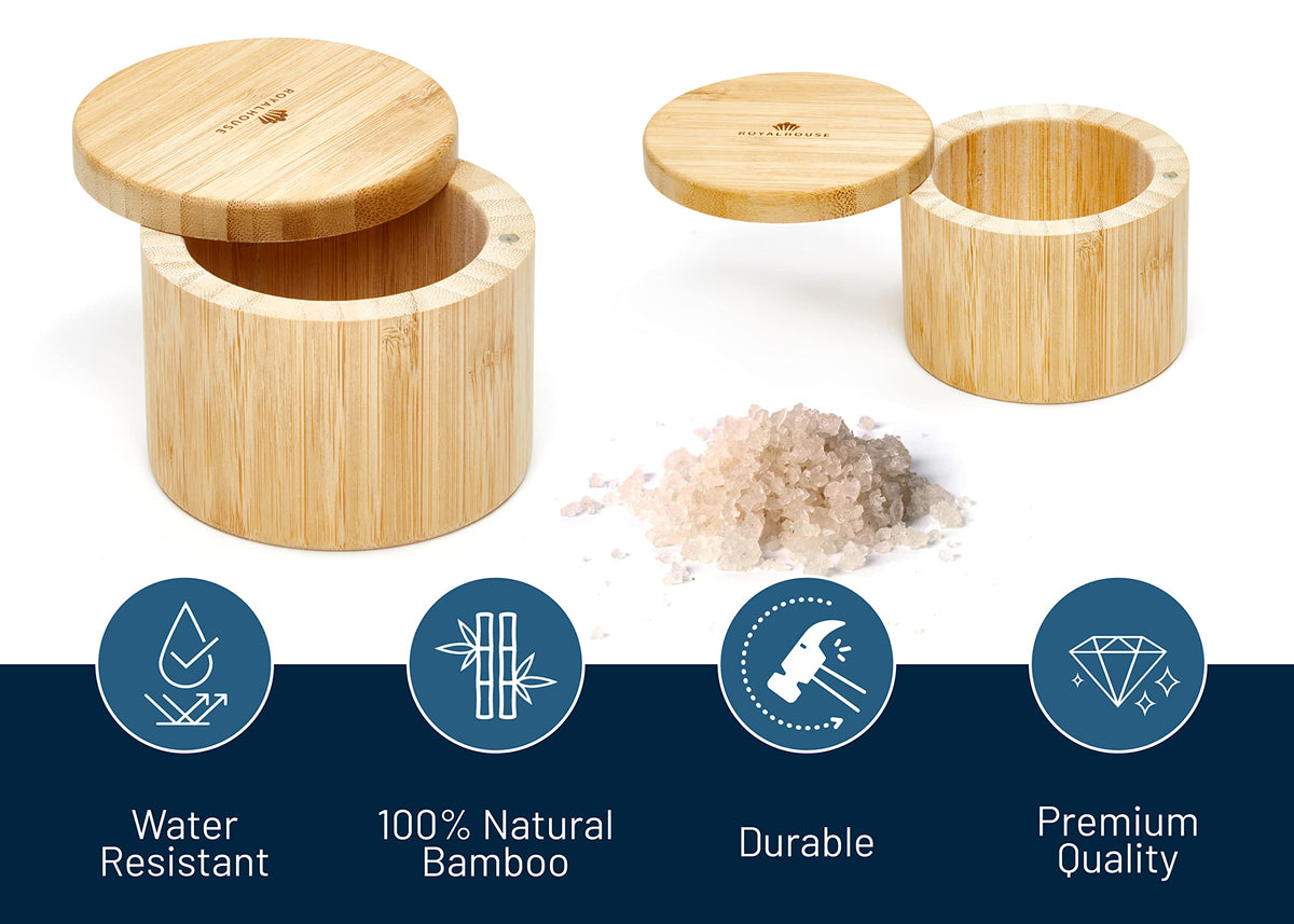 RoyalHouse 6 Oz Capacity Natural Bamboo Salt and Pepper Holder With Bamboo Lid, Salt Cellar With Magnetic Swivel Lid, Healthy Storage Box For Herbs Or Favorite Seasonings
