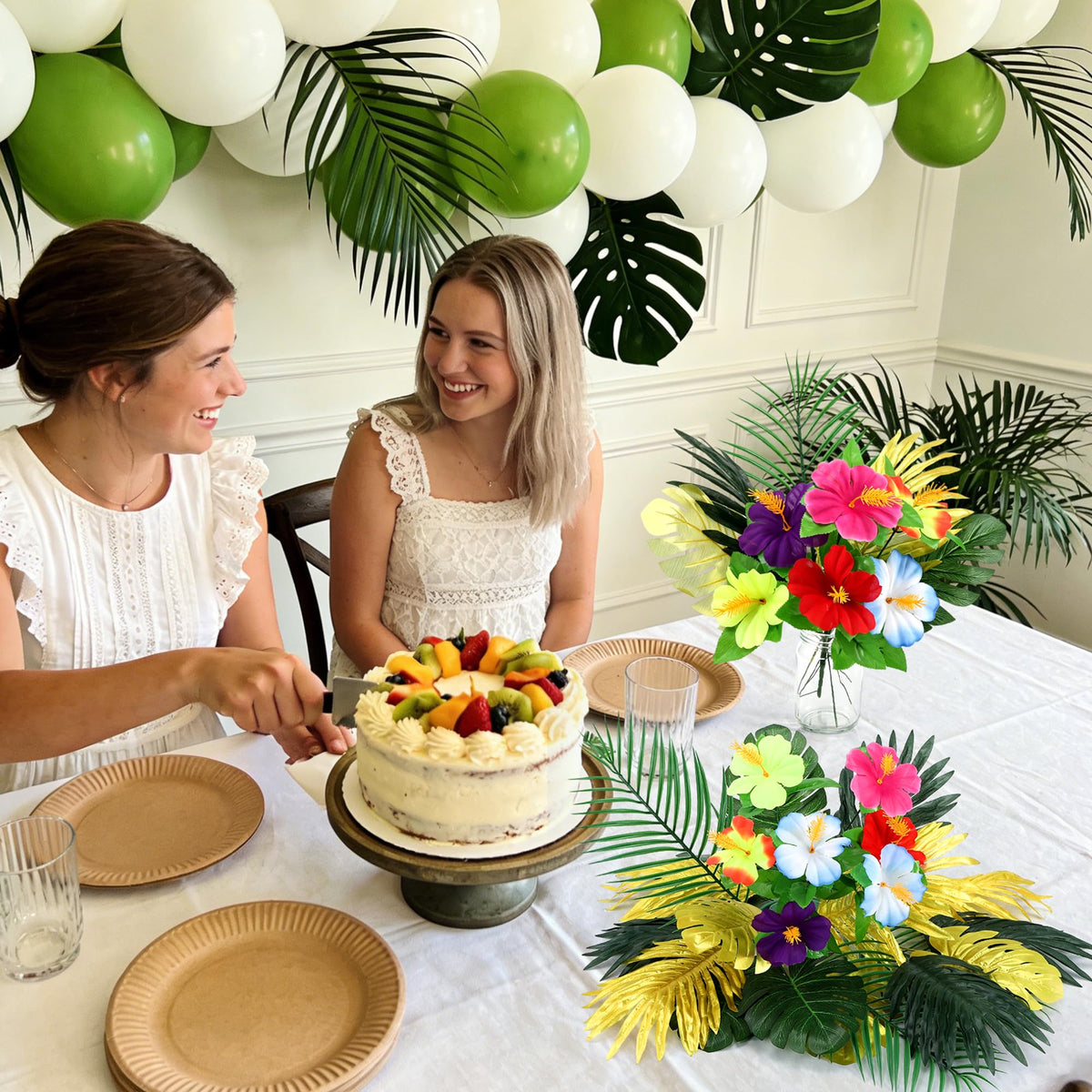 Fovths 6 Pack Hawaiian Flower Centerpieces with Mason Jars Artificial Hibiscus Bouquet Monstera Palm Leaves Tropical Mason Jars Centerpieces for Table, Luau, Jungle, Beach Party Decorations