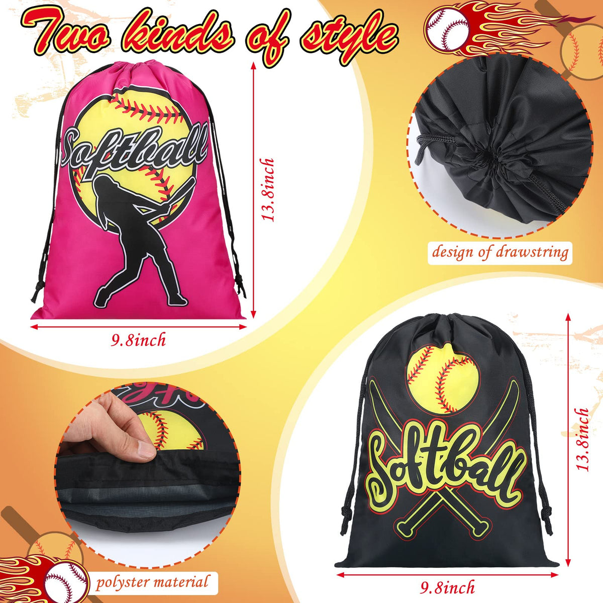 Kingdder 12 Pcs Softball Drawstring Party Favor Bags Softball Treat Bags Baseball Gift Bag for Baseball Party(Pink)