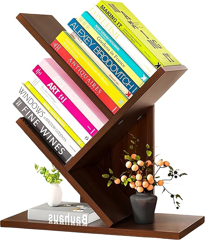 Godferyxin Tree Bookshelf, Small Bookshelf, 3 Tier Wood Mini Book Shelf and