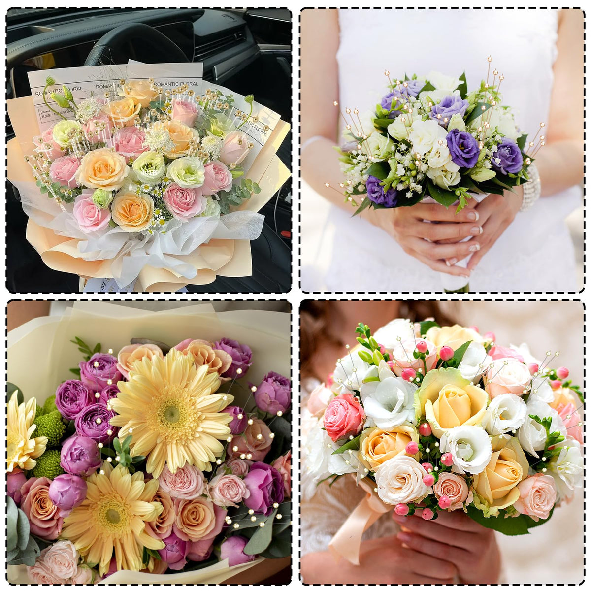 Bouquet Accessories 60 Pcs Pearl Floral Picks,Silver Flowers Stick Stems Bouquets,4mm Bead String Garland Spray Filler Floral,Tree Picks Wedding Party Decoration,Christmas Decorations Gold